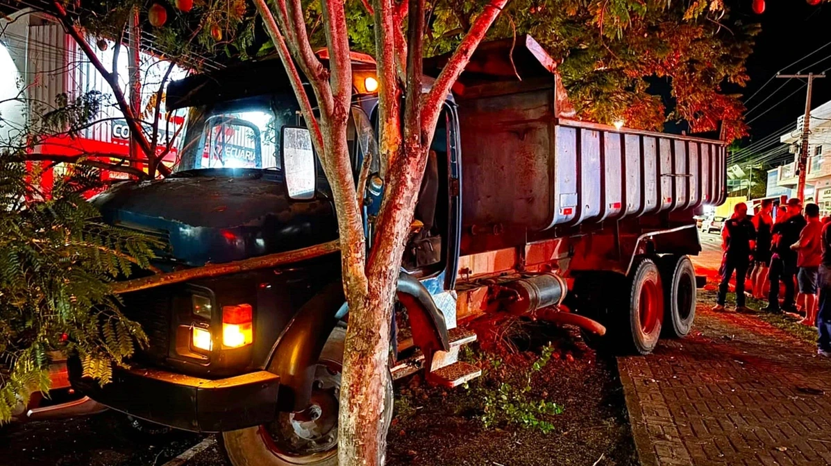 Caminhão sem freios atinge três veículos e só para após bater em árvore em Coxim